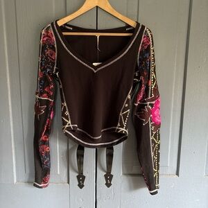 Free People Black Long Sleeve Top with Floral Sleeves